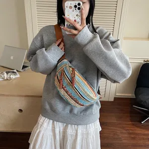 Bohemian Colorful Striped Woven Chest Bag For Women Summer Straw Beach Waist Bag Adjustable Strap Ethnic Style Crossbody Dumpling Bag