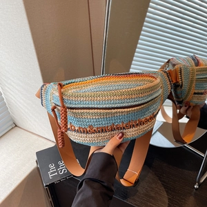 Bohemian striped woven crossbody bag with colorful raffia and adjustable strap