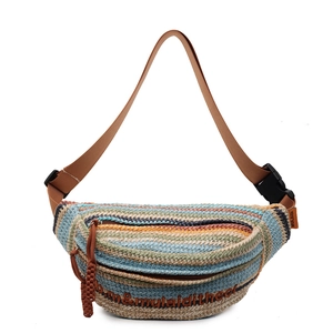 Bohemian style woven crossbody bag with colorful stripes and adjustable strap for women