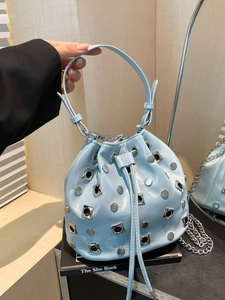 Women Vintage Rivet Bucket Bag PU Leather Fashion Drawstring Shoulder Bag With Metal Chain Strap Retro Tote Handbag