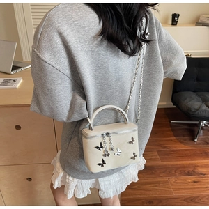 Detail of cream white mini box bag featuring silver butterfly charms and chain strap