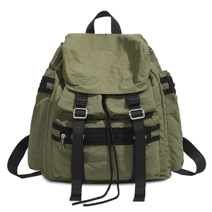 Army green functional nylon backpack with buckle straps and large capacity for travel