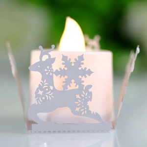 LED electronic candle light with laser-cut reindeer and snowflake paper lampshade