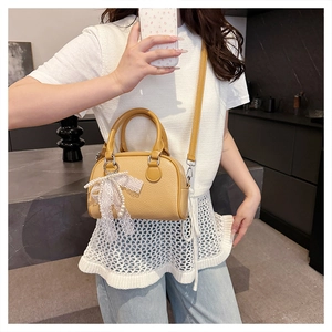 Yellow lychee texture leather mini Boston bag with white lace bow and pearl pendant charm