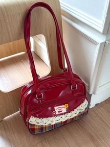 Vintage Red PU Leather Backpack Women Cute Cherry Plaid Patchwork Lace Shoulder Bag JK Style Large Capacity Multifunctional Tote Bag