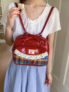 Retro red tote backpack for women featuring plaid patterns and cute cherry lace details