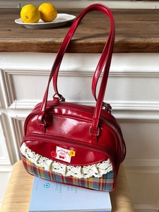 Retro red tote bag with cherry embroidery and colorful plaid fabric base
