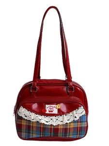 Japanese style retro red leather tote bag with colorful plaid fabric and cherry decor