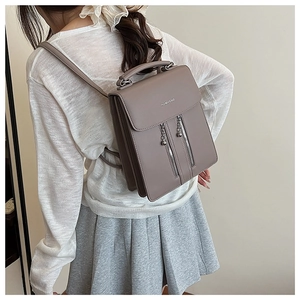 Mocha brown faux leather backpack with flap closure and vertical zipper details