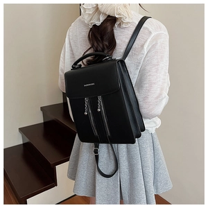 Detail showing the textured black PU leather backpack with metallic ball zipper charms