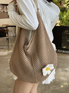 Sac Cabas Tricoté au Crochet pour Femmes Grande Capacité Sac à Épaule Ajouré avec Marguerite Vacances Plage Été Sac à Main Décontracté
