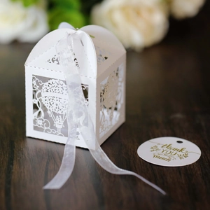 Detaillierte lasergeschnittene Hochzeit-Geschenkbox mit Heißluftballon und weißem Band