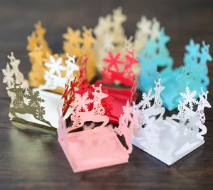 Close-up of laser-cut reindeer and snowflake details on colorful festive candy boxes