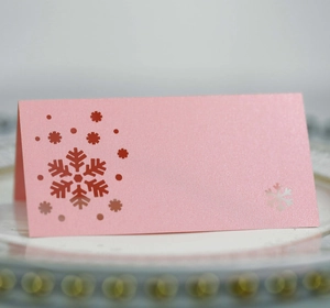 Detailed view of a pink snowflake hollowed place card on a white dinner plate