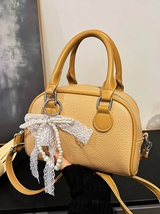 Women Fashion Lychee Grain PU Leather Boston Handbag With Artificial Pearl Lace Bow Decor Small Trendy Crossbody Shoulder Bag