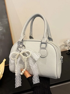 Elegant litchi pattern Boston bag for women with pearl lace bow accessory in light grey