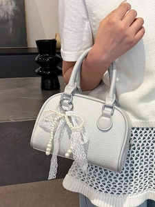 Chic lychee pattern Boston handbag in light grey with pearl lace bow charm