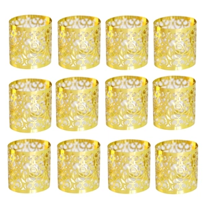 Set di 12 portatovaglioli dorati con intaglio floreale a vite in metallo per feste