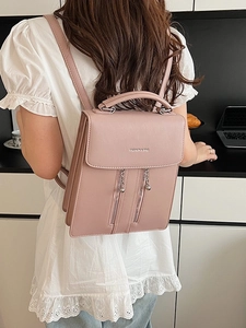 Minimalist PU Leather Fashion Backpack For Women Large Capacity Square Bag Student Daily Shoulder Bag With Ball Pendant Decorative Zippers