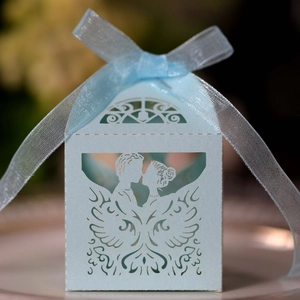 Detail der hellblauen lasergeschnittenen Hochzeit-Süßigkeitenbox mit Brautpaar