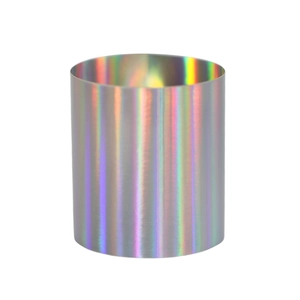 Detail shot of holographic napkin ring with colorful iridescent vertical metallic finish