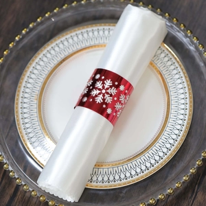 Close-up of red snowflake napkin ring on ceramic plate for Christmas table decor