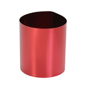 Close-up of deep red metallic napkin ring with a sleek cylindrical shape and matte finish