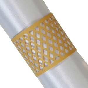 Elegant gold laser-cut napkin rings with geometric hollow pattern for wedding table decor