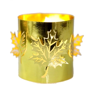 Golden hollow maple leaf paper lampshade with warm LED candle light for festive decoration