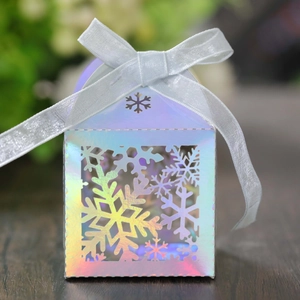 Boîte cadeau irisée en forme de maison avec flocons de neige évidés et ruban blanc
