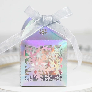 Boîte cadeau irisée en forme de maison avec flocons découpés et ruban argenté satiné