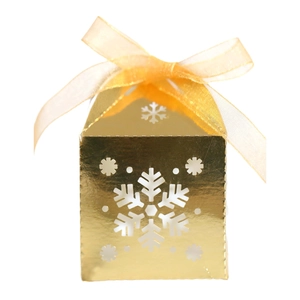 Boîte cadeau dorée flocon de neige découpée au laser avec ruban orange pour les fêtes