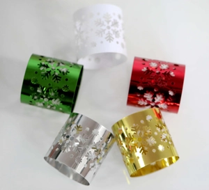 Detailed view of assorted silver and gold snowflake napkin rings for holiday table settings