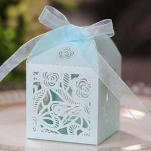 Light blue laser cut hollow rose wedding favor box with elegant organza ribbon bow