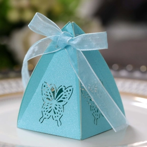 Light blue hollow butterfly pyramid candy box with ribbon for wedding party favors