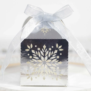 Macro view of silver gift box with snowflake laser cutout and light blue silk ribbon