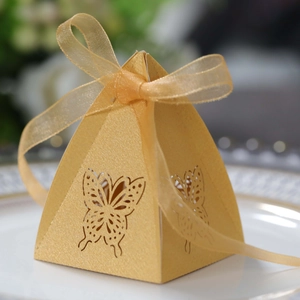 Golden hollow butterfly triangle candy box with matching ribbon for wedding party