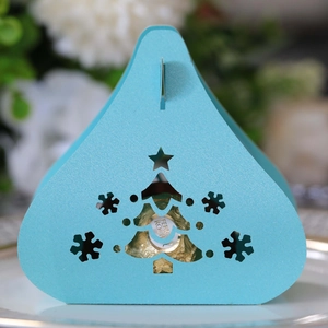 Light blue laser-cut Christmas tree and snowflake gift box with triangular design