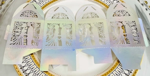 Macro detail of laser-cut heart candy box with iridescent metallic finish for weddings