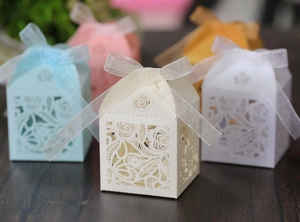 Detailed view of hollow rose pattern on light blue gift box with elegant silk ribbon
