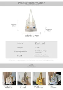 Detailed view of crochet knit tote bag showing white floral patterns and dimensions