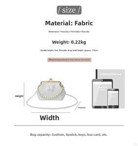 Detailed size chart for pearl handbag showing dimensions 17x14x10cm with a chain strap