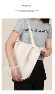 Dettaglio di una borsa tote crema che mostra la trama in nylon ad alta densità sulla spalla