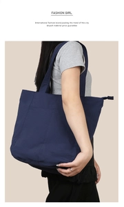 Dettaglio della borsa tote blu scuro con tracolla larga e chiusura a cerniera lampo