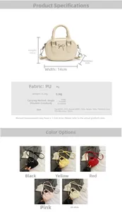 Detailed size chart and multi-color options for bow mini crossbody bowling bag