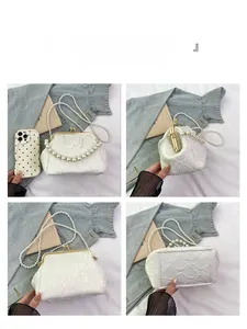 Detailed multi-angle views of a white embroidered purse with pearl straps and butterfly decor