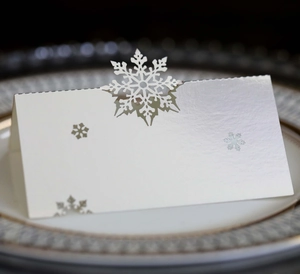 Macro detail of laser-cut white snowflake place card on elegant ceramic dinnerware
