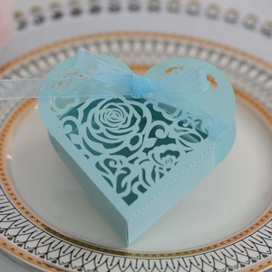 Detail of light blue heart-shaped gift box with laser-cut rose patterns and ribbon