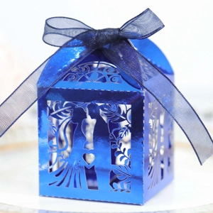 Blue laser-cut gift box featuring bride and groom silhouette with a sheer organza ribbon