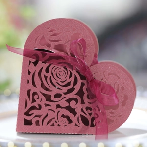 Macro detail of laser-cut rose patterns on pink heart gift box with silk ribbon